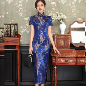 Élégante Robe Chinoise Satin Brocart Longue