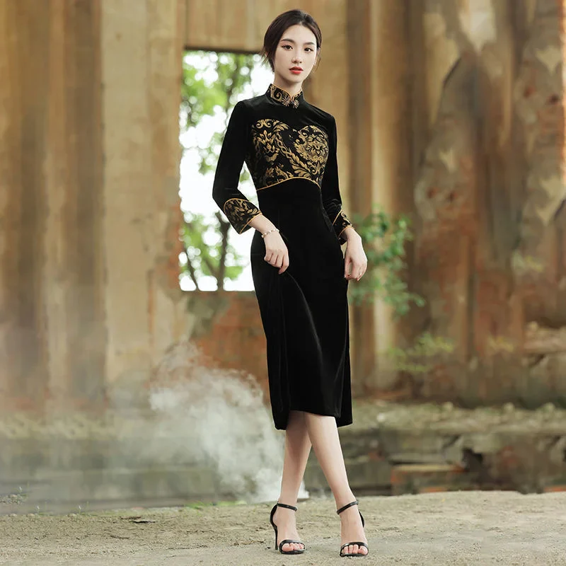 Cheongsam Robe Noire Style Ethnique – Image 5
