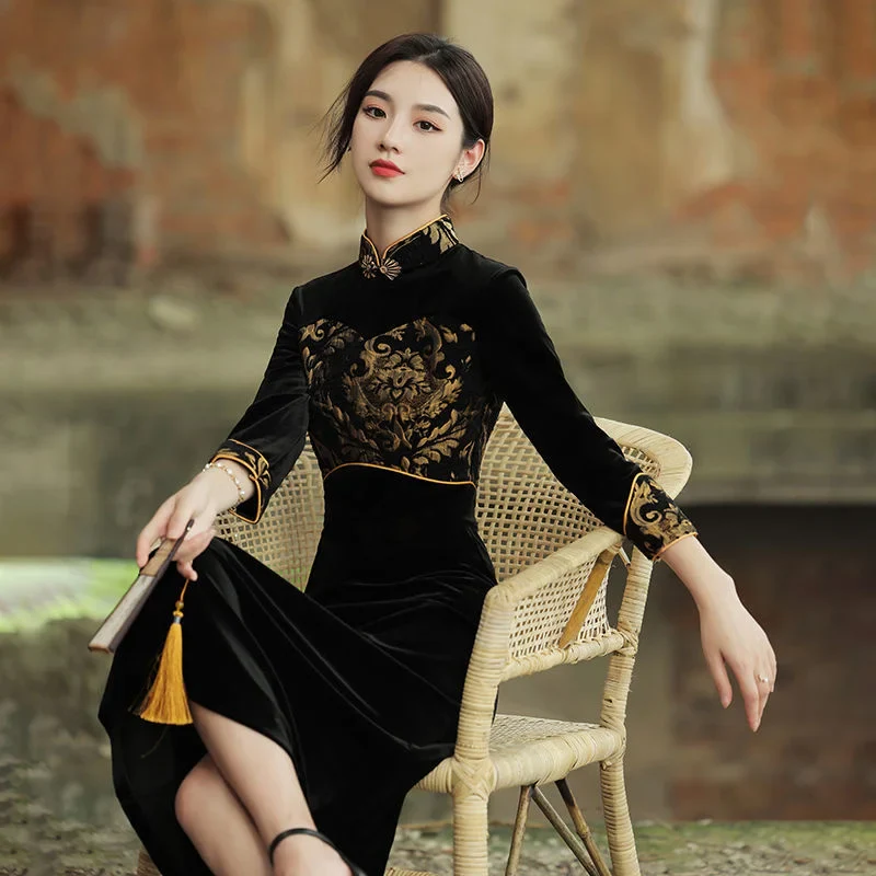 Cheongsam Robe Noire Style Ethnique – Image 2