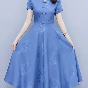 Cheongsam Robe Chinoise Bleu Midi