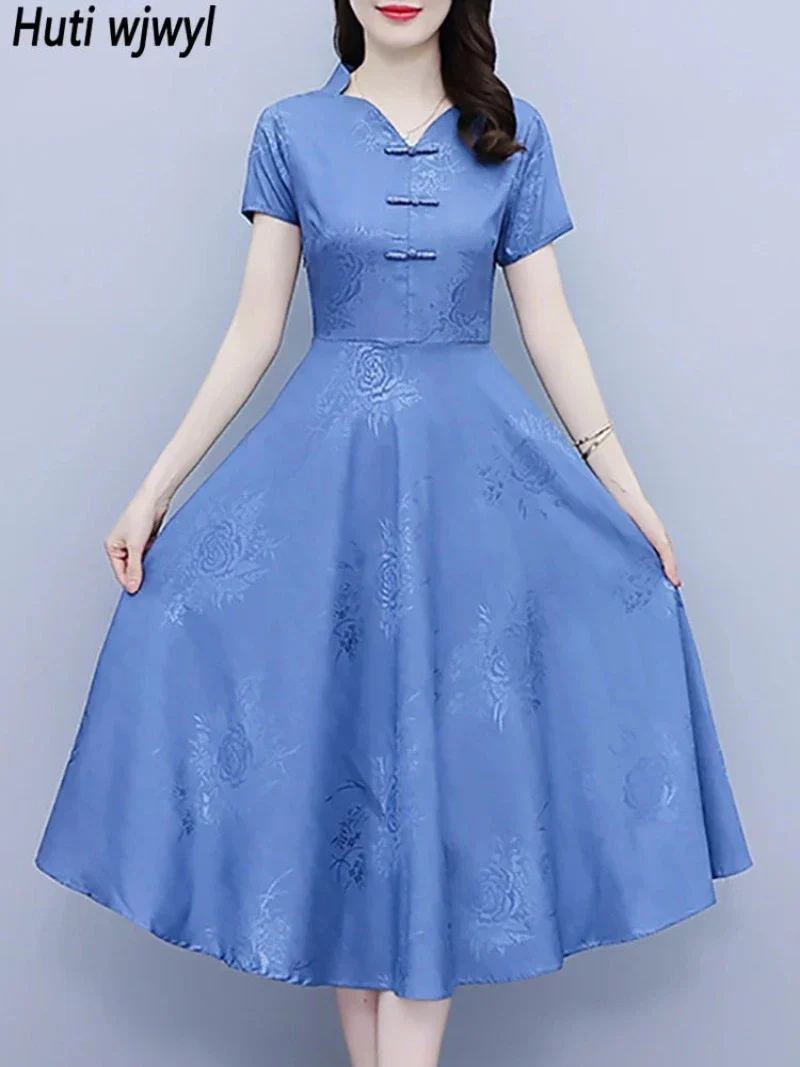 Cheongsam Robe Chinoise Bleu Midi