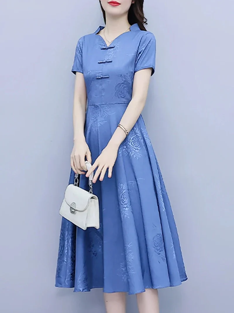 Cheongsam Robe Chinoise Bleu Midi – Image 6