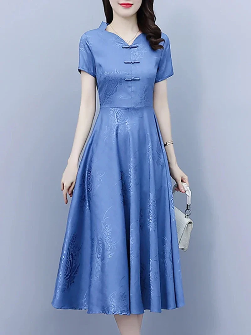 Cheongsam Robe Chinoise Bleu Midi – Image 4