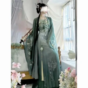 Hanfu Robe Imprimé Vert 3 Pièces