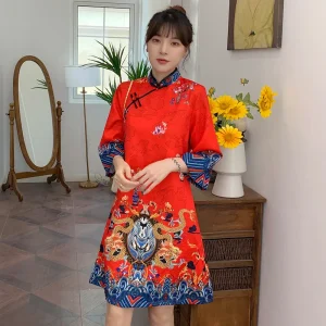 Robe Chinoise Moderne Soie Rouge et Bleue