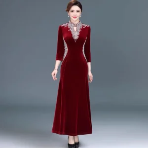 Cheongsam Robe Velours Or Diamant