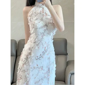 Cheongsam Robe Sans Manches Col Halter