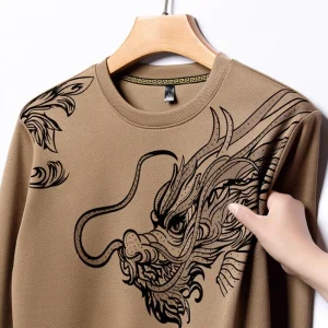 Pull Chinois Col Rond Imprimé Dragon