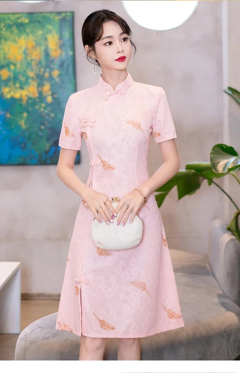 Cheongsam Robe Qipao Col Montant Courtes – Image 9