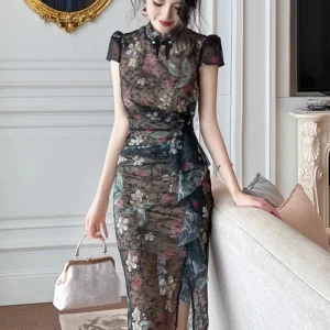 Cheongsam Robe Dentelle Et Fentes
