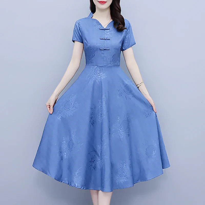 Cheongsam Robe Chinoise Bleu Midi – Image 8