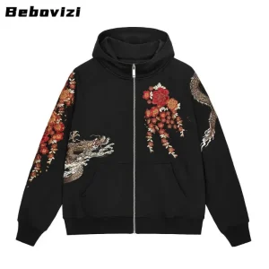 Pull Chinois Hoodie Noir Dragon Fleur