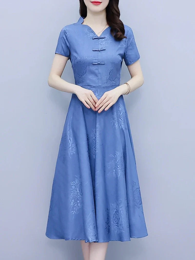 Cheongsam Robe Chinoise Bleu Midi – Image 3