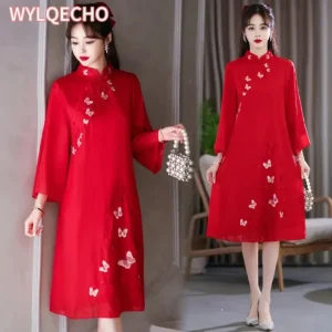 Cheongsam Robe Qipao Brodée Automne