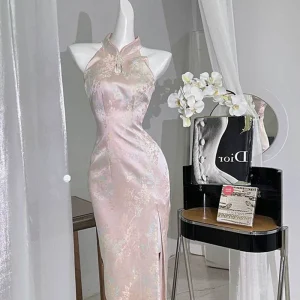 Cheongsam Robe Qipao Rose Avec Fente
