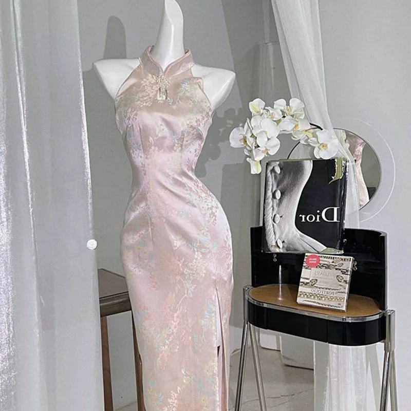 Cheongsam Robe Qipao Rose Avec Fente – Image 2