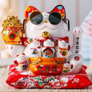 Statuette Chat Chinois Porte-Bonheur avec Bras Mobile