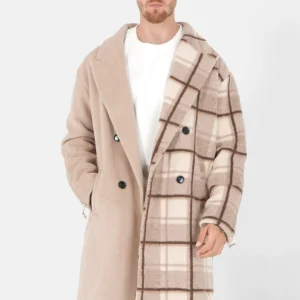 Veste longue duveteuse carreaux Beige