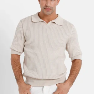 Polo côtelé manches courtes Beige