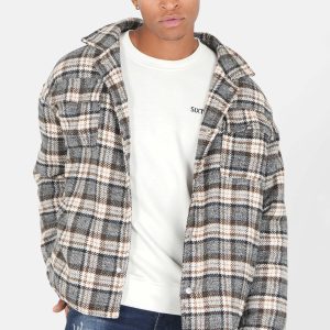 Manteau court tartan poches Marron
