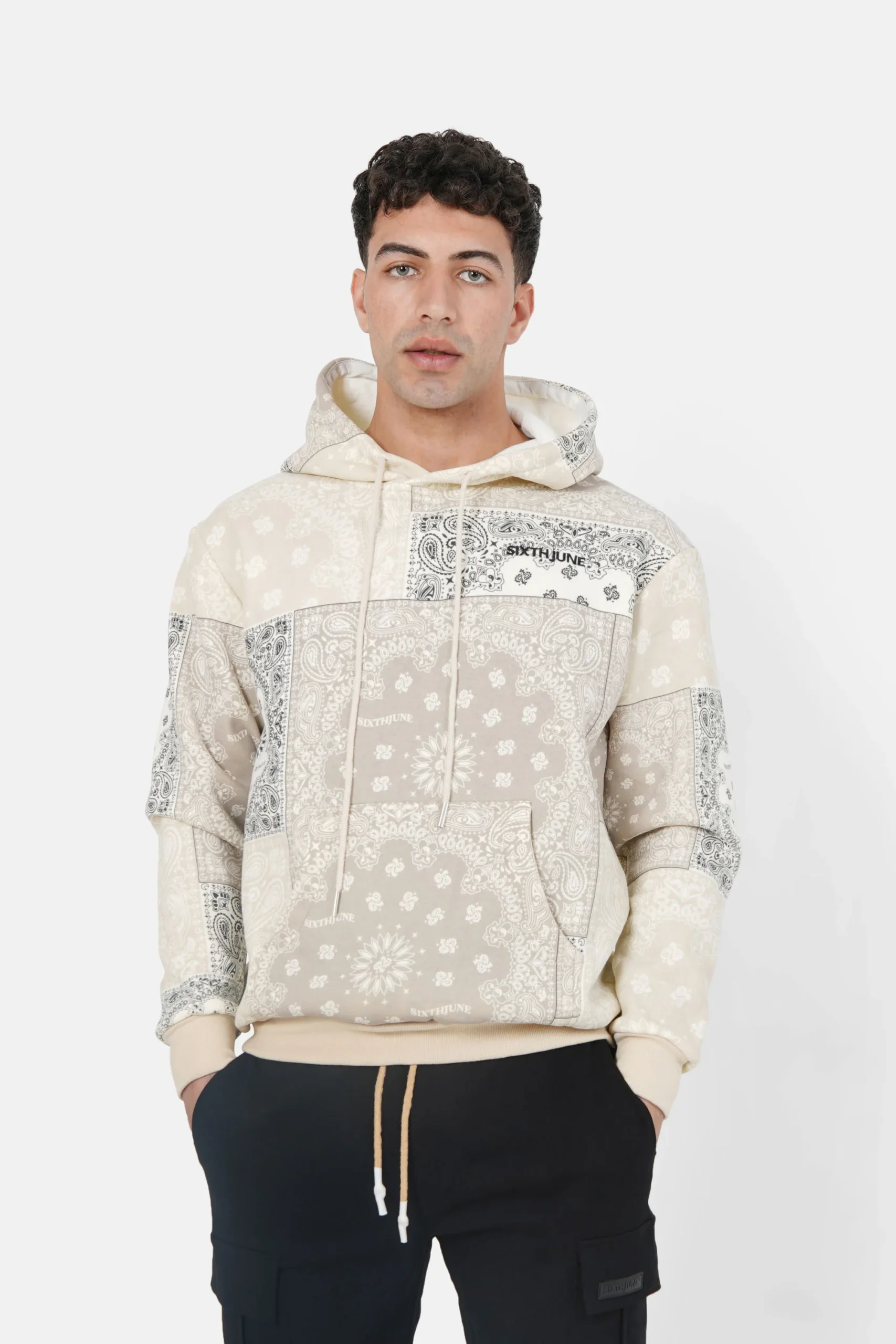 Sweatshirt capuche bandana patchwork Beige