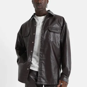 Chemise manches longues simili cuir Marron