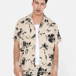 Chemise manches courtes floral Beige