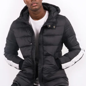 Doudoune bandes capuche noir blanc