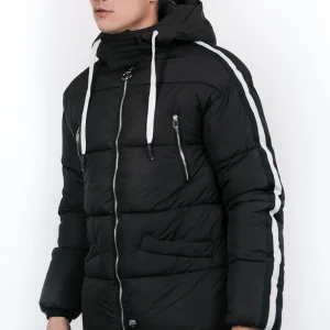 Doudoune bandes capuche noir blanc