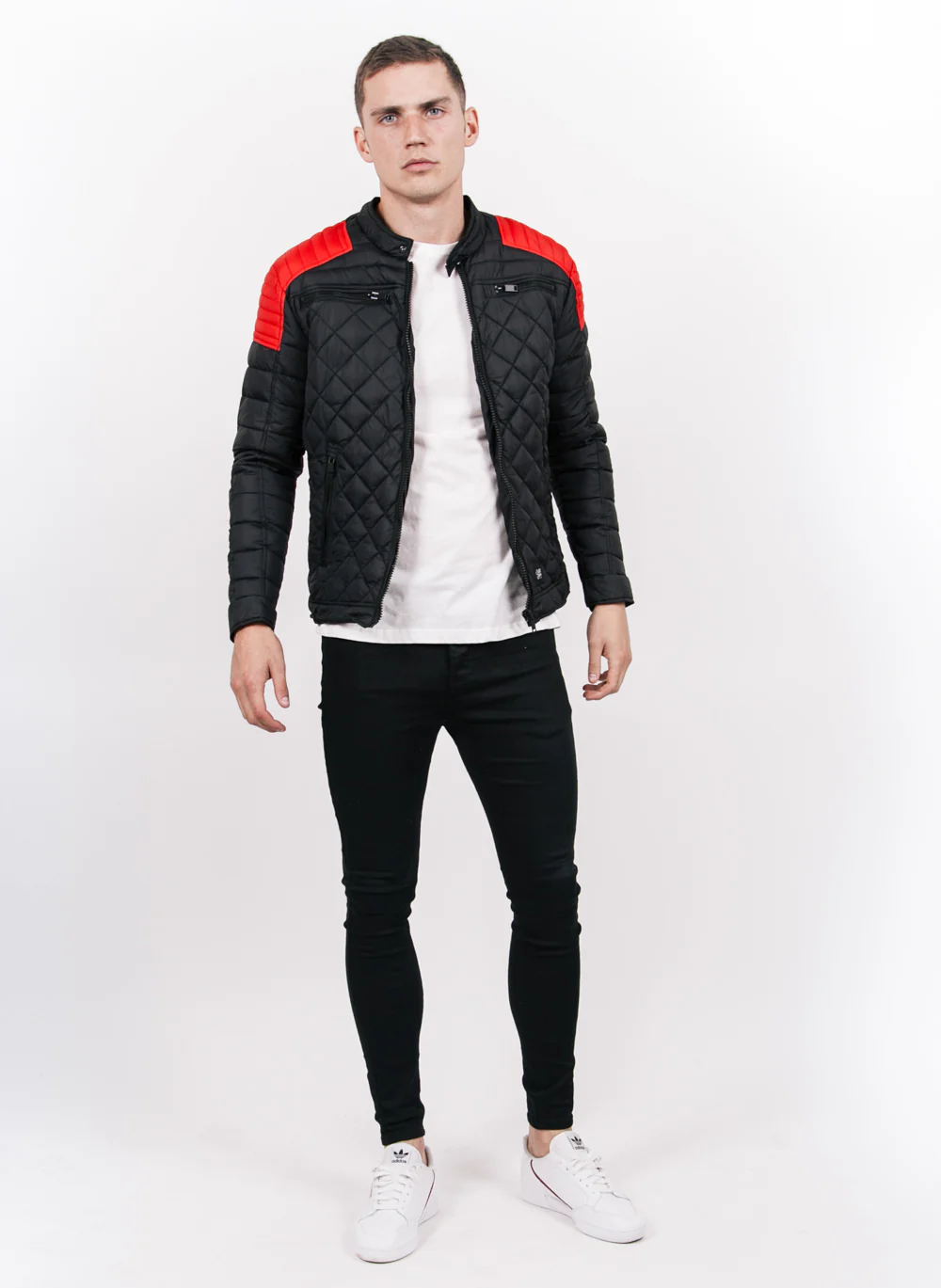 Blouson matelassé ajusté biker noir rouge – Image 6