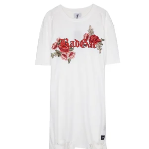 Robe déchirée broderie roses blanc