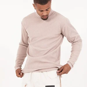Pull maille côtelé col Beige foncé
