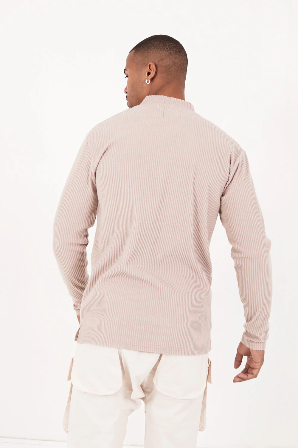 Pull maille côtelé col Beige foncé – Image 5