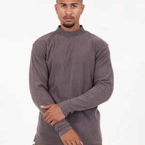 Pull maille côtelé col Gris taupe