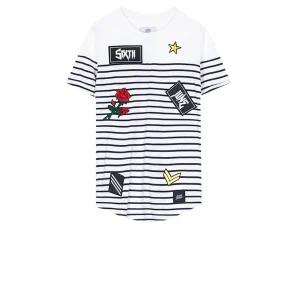 T-shirt marinière patchs rock blanc bleu