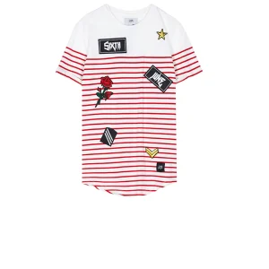 T-shirt marinière patchs rock blanc rouge