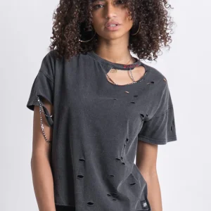 T-shirt effiloché trous noir